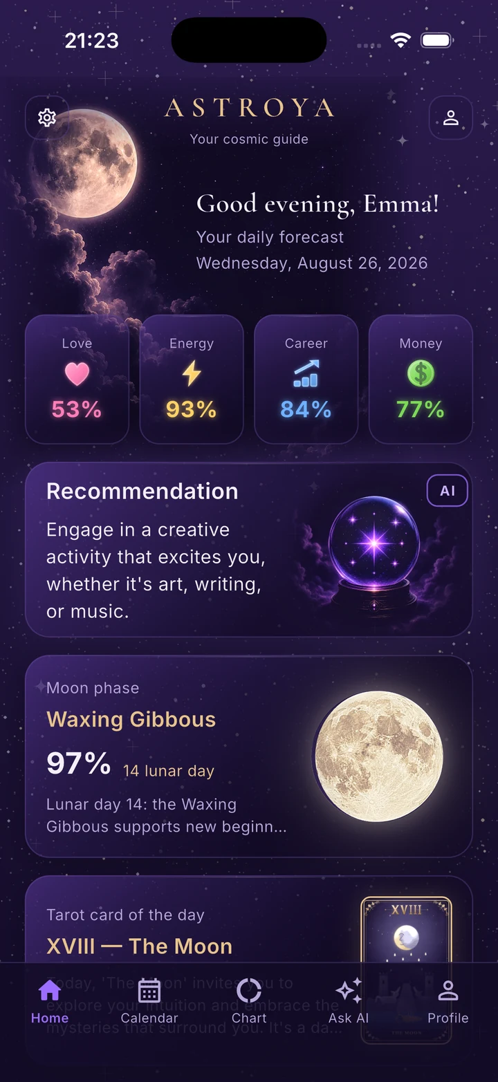 The Astroya home screen: daily horoscope, moon phase and tarot card
